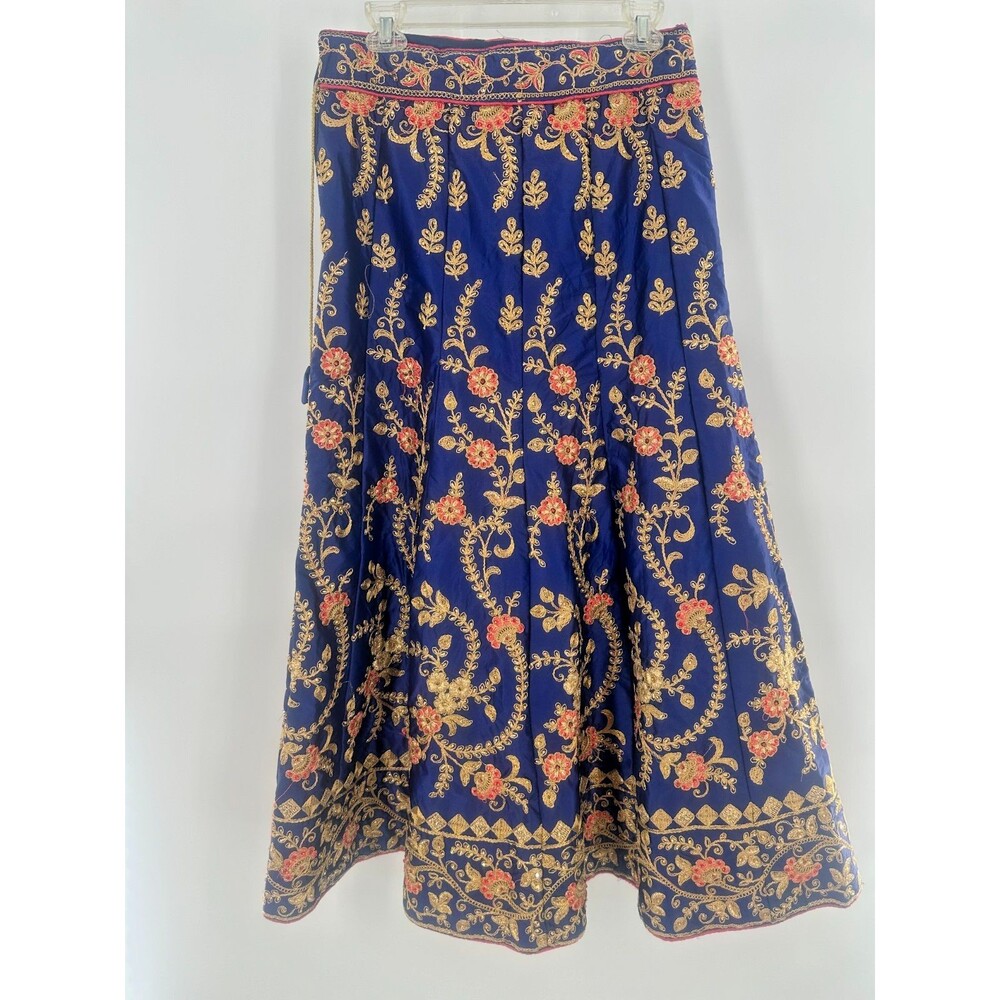 Lehenga Indian Maxi Skirt Royal Blue Gold Embroidered Floral Flare Skirt Size S